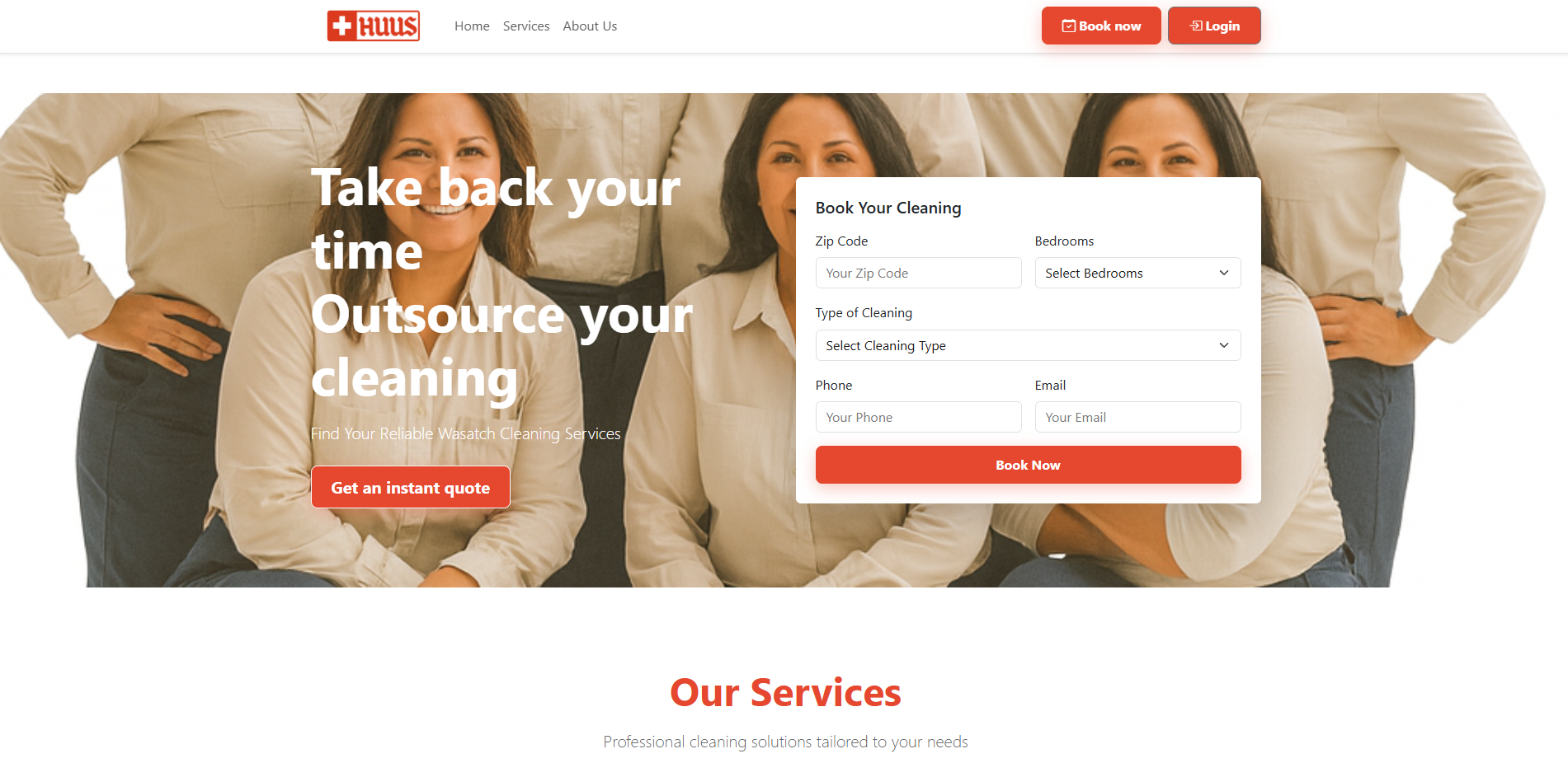 Huus Cleaning Platform homepage and booking flow